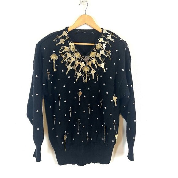 Vtg Bonnie Boerer Sz S / M Keys Studs Embellished Retro Artsy Knit Sweater Black - Picture 1 of 11